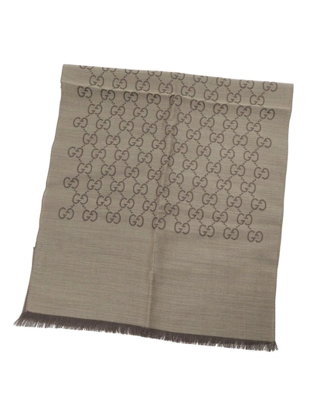 Gucci Wool Silk GG Logo Diamante with Fringe Shawl Brown Scarf